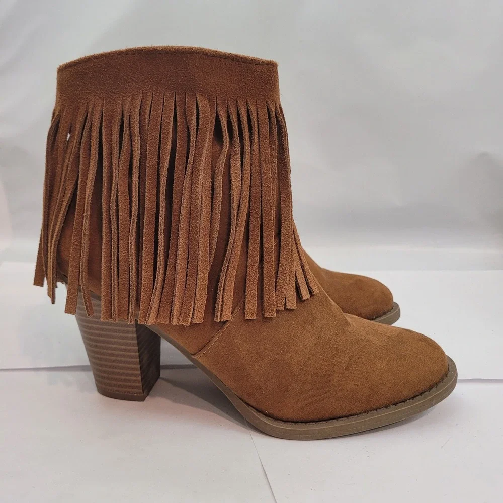 Target Fringe Ankle Boots Womens 6.5 Cognac Brown Leather Block Heel Booties